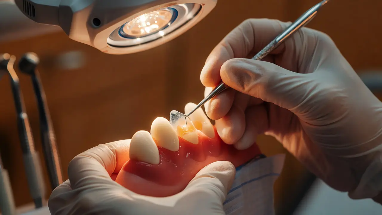 Zubař aplikuje kompozitní fazetu přímo v ústech pomocí speciálního světla